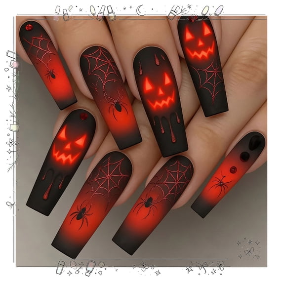 Tryvkinvive 24PCS Halloween Spooky Stiletto Press On Nails Skeleton Snake Rose Pattern Gothic False Nails Black Reusable Fake Nails for Halloween Party