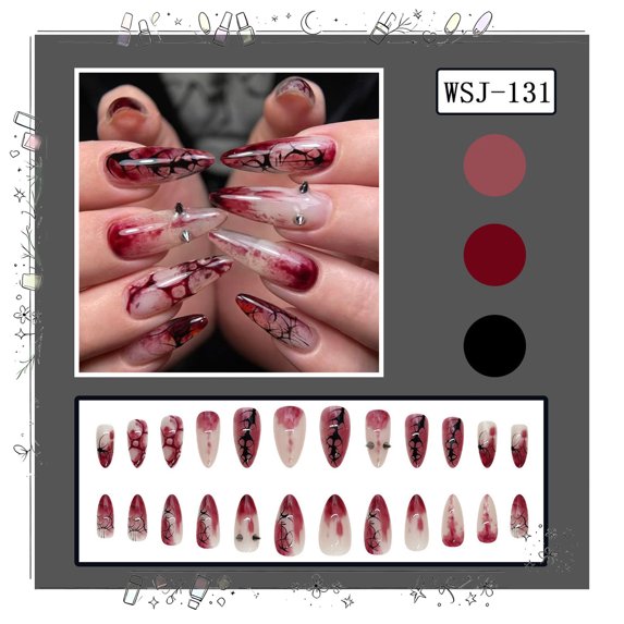 Tryvkinvive 24PCS Medium Almond Press On Nails,Nude Red Ombre Drip Crackle Rhinestone Fake Nails,Reusable Full Cover Glue On Nails for Women Gothic Halloween Party