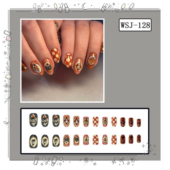 Tryvkinvive 24PCS Medium Almond Press On Nails,Orange Brown Checkered Vintage Black Cat Pumpkin Fake Nails,Reusable Full Cover Glue On Nails for Women Retro Halloween Looks