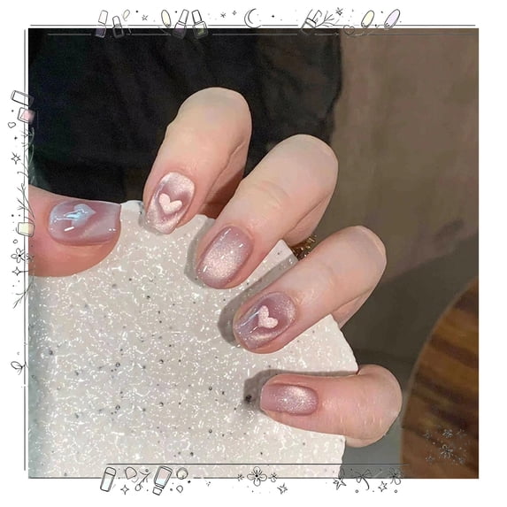 Tryvkinvive 24PCS Purple Gel Press on Nails Set for Women,Heart Nude Cat Eye Square Fake Nails Acrylic Shine Glossy Stick on Nails for Office Daily Wedding,Handmade Full Nail Valentine's Holiday Gift