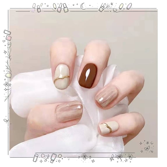 Tryvkinvive 24PCS Red-Brown Gel Press on Nails Set for Women,Reusable Short & Medium Square Fake Nails Acrylic Shine Glossy Nature Stick on Nails for Office Daily Work Wedding,Handmade Full Nail Gift
