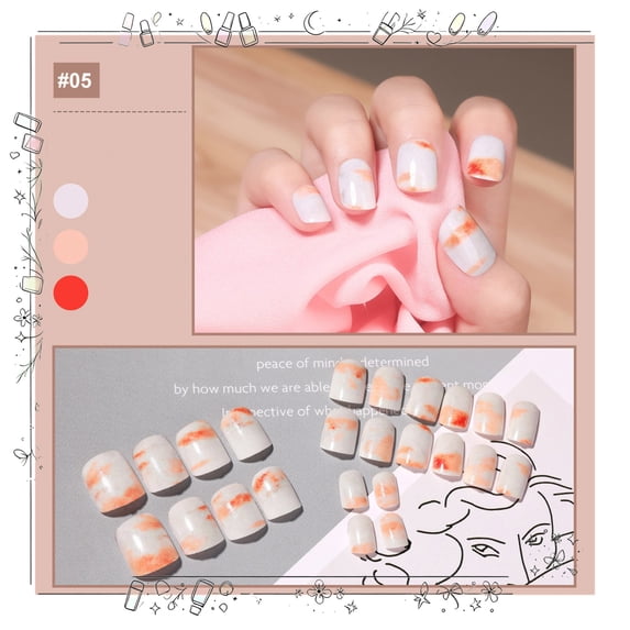 Tryvkinvive 24PCS Short Square Press On Nails,White Base Orange Blush Watercolor Glossy Fake Nails,Reusable Full Cover Glue On Nails for Women Daily Wear & Dating Occasions