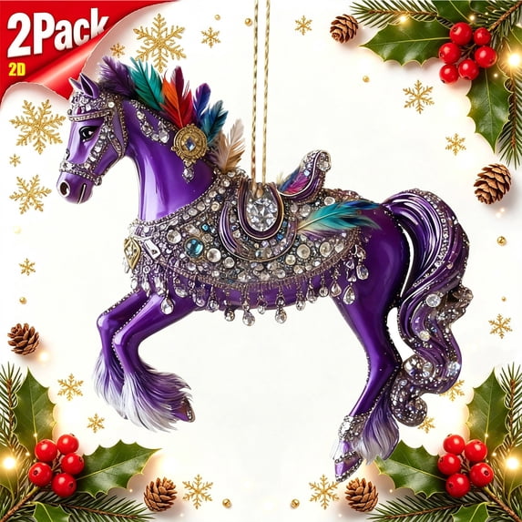 Tryvkinvive 2Pack 3.14" Simualtion Carousel Horse Christmas Tree Pendants,Double‑Sided Printed Acrylic Hanging Ornaments for Car Mirror Wall Indoor Home and Holiday Keepsake Decoration