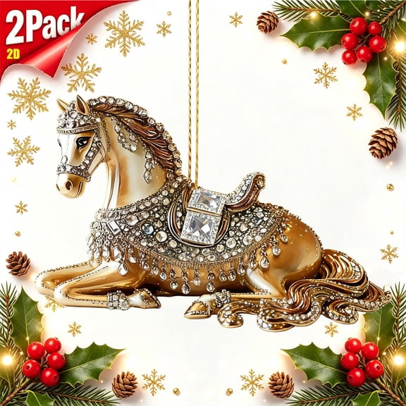 Tryvkinvive 2Pack 3.14" Simualtion Carousel Horse Christmas Tree Pendants,Double‑Sided Printed Acrylic Hanging Ornaments for Car Mirror Wall Indoor Home and Holiday Keepsake Decoration
