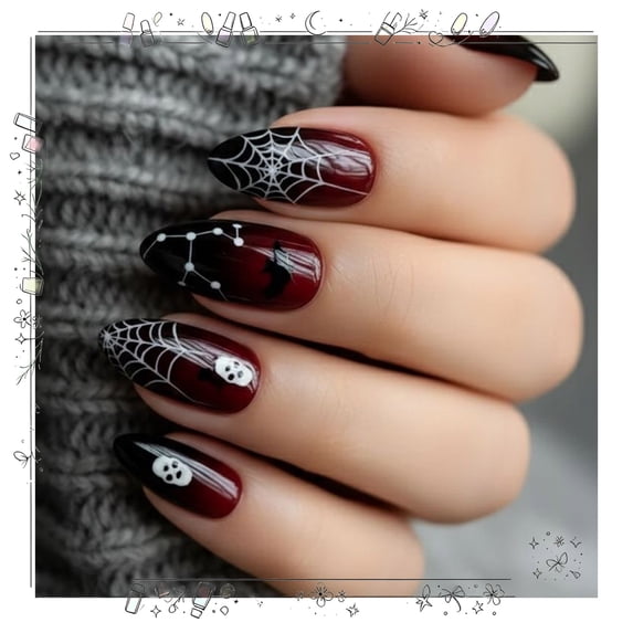Tryvkinvive Almond Press On Nails Glossy False Nails Skull Spider Web Bat Gradient Design Fake Nails Halloween Decoration Spooky Reusable Salon Manicure