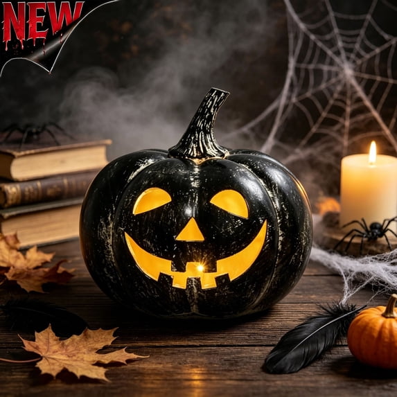 Tryvkinvive Black Distressed Jack O Lantern LED Light 6.7",Light Up Pumpkin Decor,Halloween Decoration for Porch Steps Desktop Indoor Outdoor