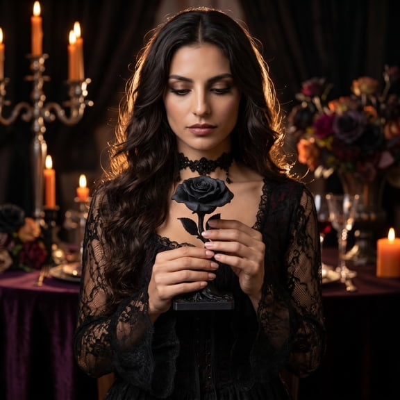 Tryvkinvive Black Resin Rose Sculpture with Vintage Skeleton Key,Gothic Dark Romantic Tabletop Decor for Home Decorations Office,Mysterious Halloween Gift for Goth Lovers