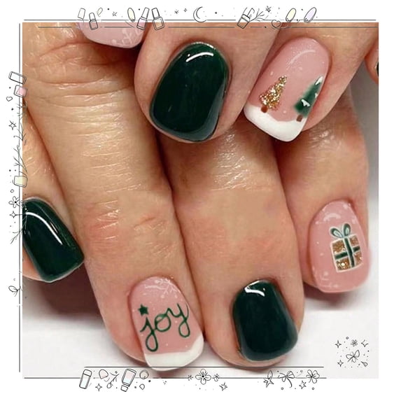 Tryvkinvive Christmas Green Press on Nails,Short Square Fake Nails with Xmas Tree,Acrylic Glitter Glue on Nails Glossy Reusable Winter Xmas False Nails for Women Girls Holiday Manicure Daily 24pcs