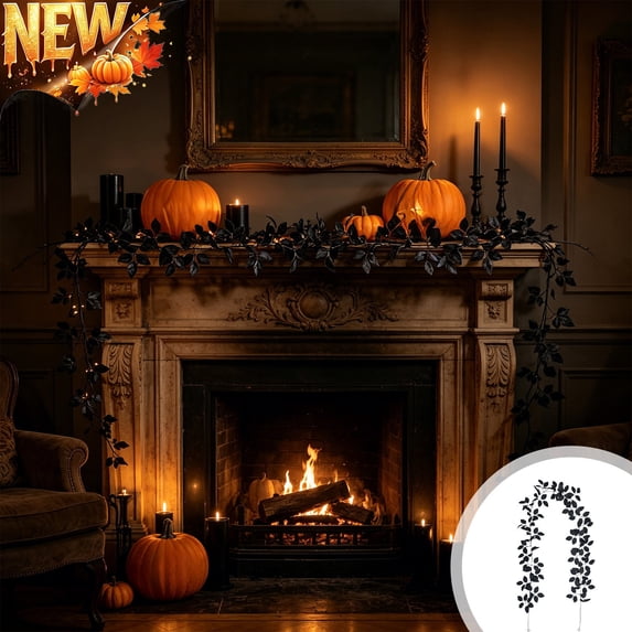 Tryvkinvive Gothic Halloween Artificial Black Eucalyptus Garland,Faux Black Rose Leaves Hanging Vine for Halloween Fall Thanksgiving Mantle Arch Table Indoor Outdoor Holiday Decor