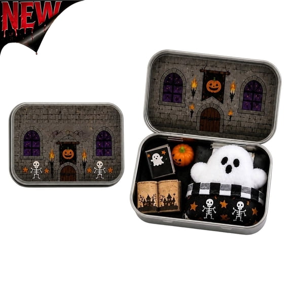 Tryvkinvive Halloween Decorations Spooky Mini Ghost Doll Tin Box Playset Tiny Themed Accessory Kit for Tabletop Ornament for Indoor Fall‑themed Home Harvest Party Scene Display