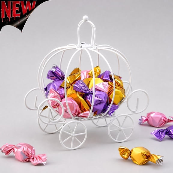 Tryvkinvive Halloween Decorations White Wire Pumpkin Carriage Ornament Metal Wirework Basket Holder for Tabletop Display for Indoor Fall‑themed Harvest Home Party Scene Decor