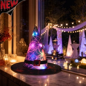 Tryvkinvive Halloween Hanging Light Up Witch Hat Decor,Spider Web Pattern LED Witch Hat Lamp,Multi Color Fairy Lights Inside,Spooky Halloween Porch Eaves Hanging Ornament