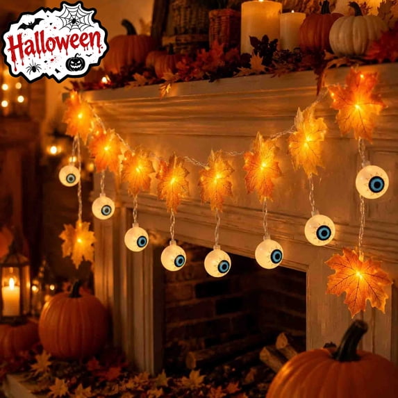 Tryvkinvive Halloween Maple Leaf String Lights 68",Pumpkin Eyeball Spider Fairy Lights,Decorative Light Strings for Home Decor Supplies Indoor Table,Window,Thanksgiving & Halloween Party Decor