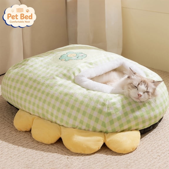 Tryvkinvive Plaid Cartoon Ear Decor Enclosed Pet Cave Bed,Soft Plush Warm Hideaway Nest,Sleeping House for Small Cats Dogs,Indoor Pet Rest Shelter