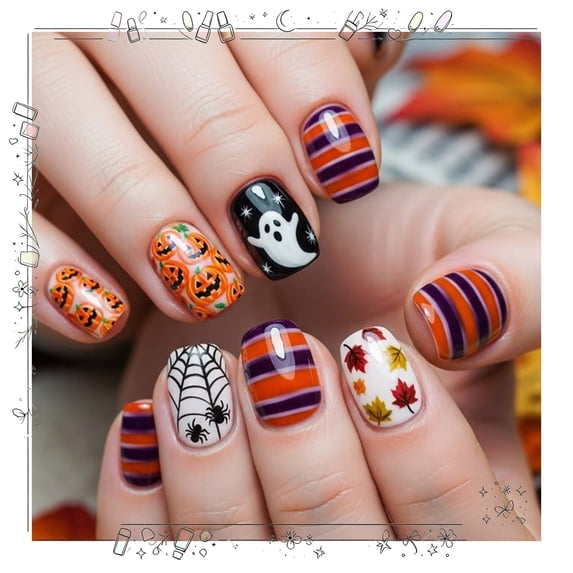 Tryvkinvive Short Square Press On Nails Glossy False Nails Pumpkin Ghost Striped Maple Leaf Spider Web Print Halloween Decoration Spooky Reusable Classic Holiday Manicure