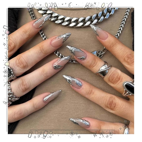 Tryvkinvive Silver French Tip Press on Nails,Long Almond Fake Nails with Swirl Lines Designs 3D,Acrylic Full Cover Glue on Nails Cute Artificial Stick on Nails for Women Girl Manicure Holiday 24pcs
