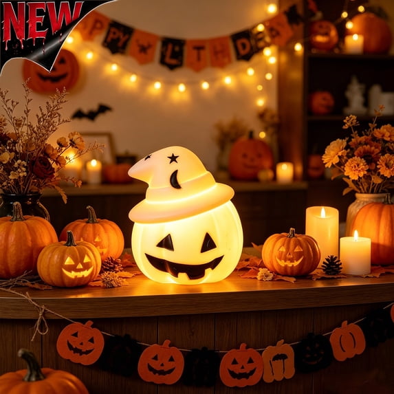 Tryvkinvive Small Halloween Witch Hat Pumpkin Light,Glow Jack O Lantern Figurine for Halloween Decorations,Led Table Lamp for Indoor Desk Party Decor