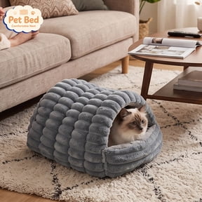 Tryvkinvive Striped Plush Cave Cat Bed,Warm Semi-Enclosed Burrow Nest,Cozy Sleeping Hut for Cats Small Dogs,Indoor Pet Accessory