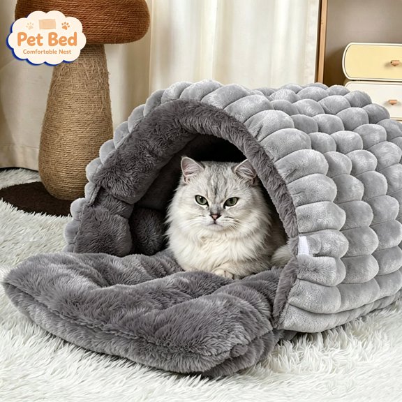 Tryvkinvive Striped Plush Cave Cat Bed,Warm Semi-Enclosed Burrow Nest,Cozy Sleeping Hut for Cats Small Dogs,Indoor Pet Accessory
