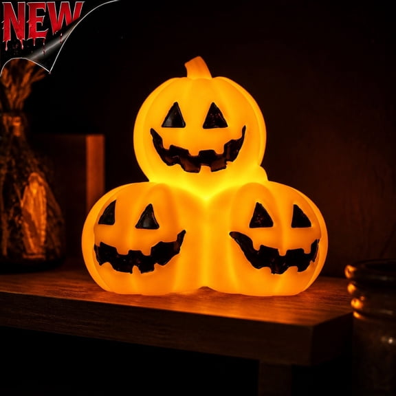 Tryvkinvive Triple Stacked Jack O Lantern LED Light,Connected Three Pumpkin Face Lamp,Warm Glow Lighting,Spooky Halloween Indoor Tabletop Decor Ornament