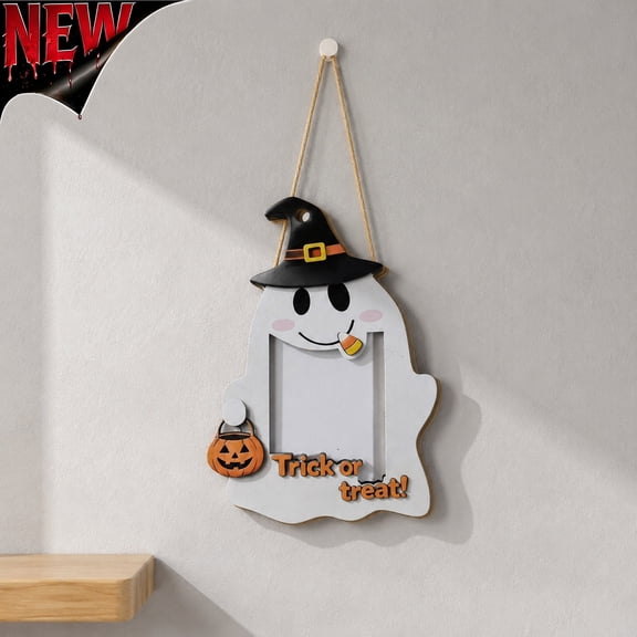 Tryvkinvive Wooden Ghost Photo Frame Hanging Sign Halloween Decoration Spooky Indoor Wall Mounted Ornament Cute Boo Themed Plaque for Home Entryway Door Holiday Party Wall Display