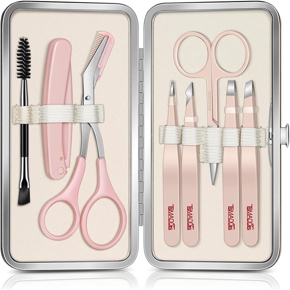 TsMADDTs Tweezers for Women Facial Hair, 8 in 1 Eyebrow Kit with Tweezers, Trimmer Scissors, Razor, Brush Travel Bag, Hair Plucking Daily Beauty Tools