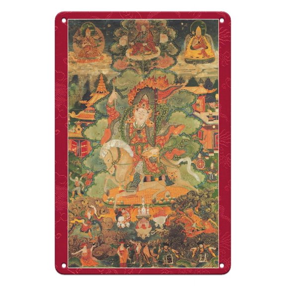 Tsangpa Karpo - Worldly Protector Deity - Vintage Tibetan Thangka Buddhist Painting - Tibet, 13th Century - 8 x 12 inch Vintage Metal Tin Sign