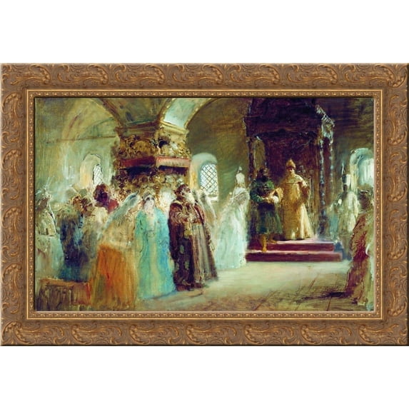 Tsar Alexei Michaylovich choosing a bride 24x19 Gold Ornate Wood Framed Canvas Art by Makovsky, Konstantin