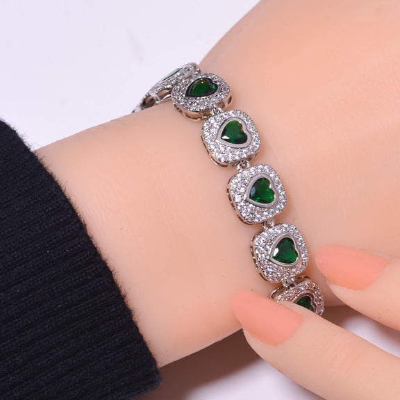 Tsavorite & Cubic Zirconia 925 Sterling Silver Tennis Bracelet 7.99" B2