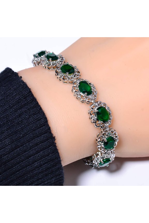 Tsavorite & Cubic Zirconia 925 Sterling Silver Tennis Bracelet 7.99" B97337349, Birthday Gift, Christmas Gift, New Year Sale