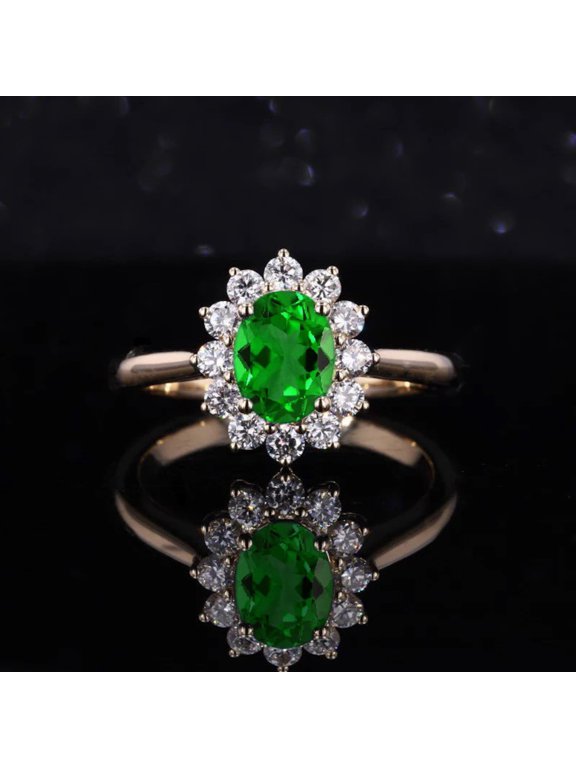 Tsavorite Diamond Engagement Ring: Oval Green Gem, 9k Yellow Gold plated