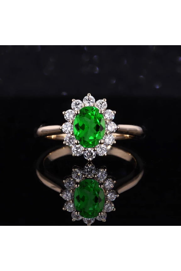 Tsavorite Diamond Engagement Ring: Oval Green Gem, 9k Yellow Gold plated