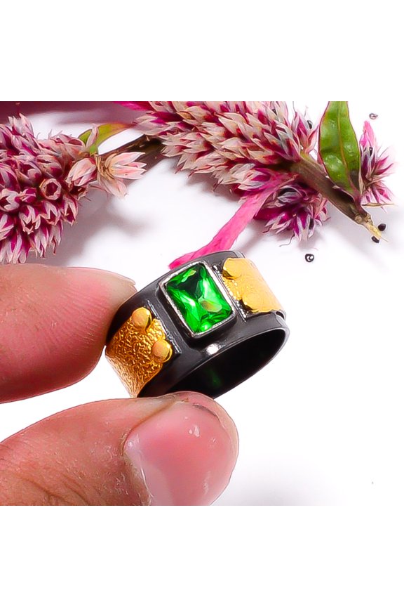 Tsavorite Gemstone Black And Gold Plated 925 Sterling Silver Ring s.6.5 Sku28, Green Ring, Gemstone Ring