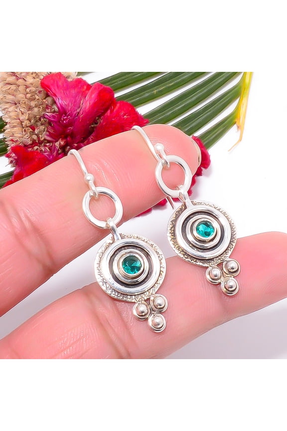 Tsavorite Gemstone Designer Handmade 925 Sterling Silver Earring 1.68" Sku35, Green Earring, Simulated Gemstone Earring