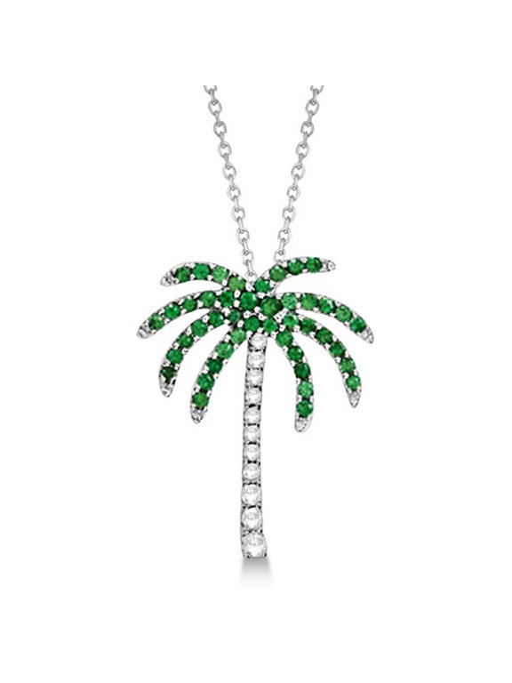 Tsavorite and Diamond Palm Tree Necklace 14k White Gold (0.30ct)
