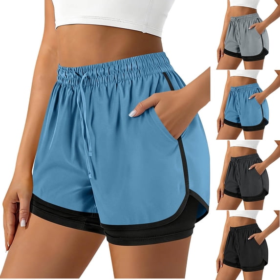 Tsesme 2 in 1 Running Shorts for Women High Waist Athletic Shorts with Liner Summer Quick Dry Yoga Workout Shorts with Pockets,Blue,XL