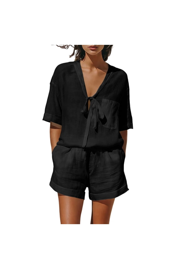 2pc Linen Short Sets for Women V-Neck Drawstring Short Sleeve Blouse Shorts Loungewear Set with Pockets ,Black,M