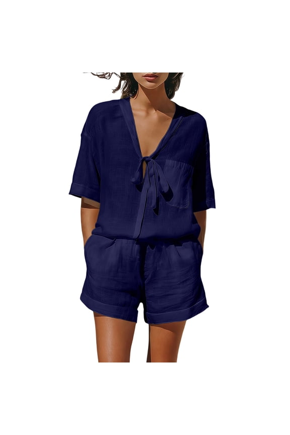 2pc Linen Short Sets for Women V-Neck Drawstring Short Sleeve Blouse Shorts Loungewear Set with Pockets ,Navy,M
