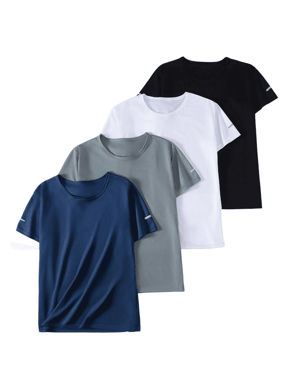 4 Pack Boys Quick Dry T-Shirt, Casual Breathable Crew Neck Short Sleeve Tee, Lightweight Running Workout Sports Tops 5T