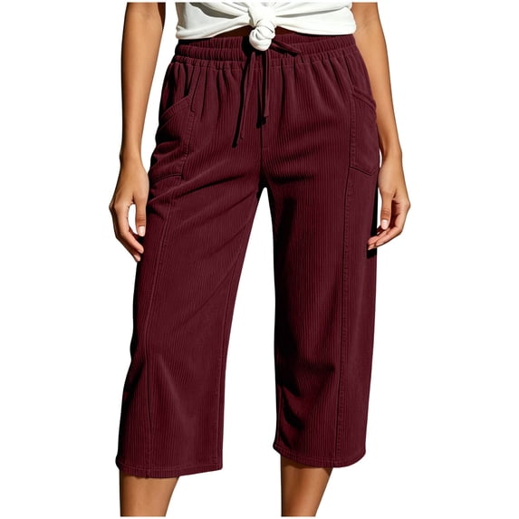 Tsesme Corduroy Capris for Women Drawstring Elastic Waist Cropped Trousers with Pockets Fall Loose Fits Comfy Bottom Daily Wear