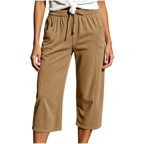 Tsesme Corduroy Capris for Women Drawstring Elastic Waist Cropped Trousers with Pockets Fall Loose Fits Comfy Bottom Daily Wear