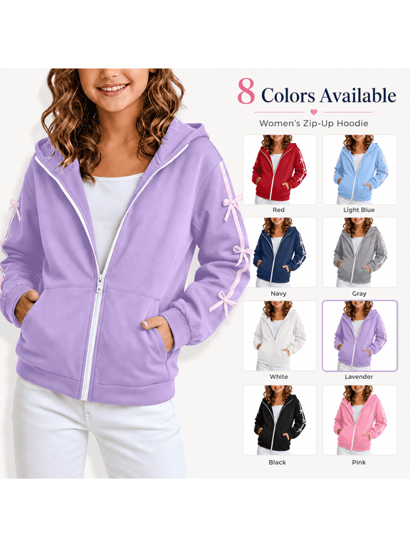Girl’s Full Zip Hoodie Fall Winter Long Sleeve Hooded Jackets Fashion Bow Trim Loose Zip up Sweatshirt with Pockets 10-11 Years