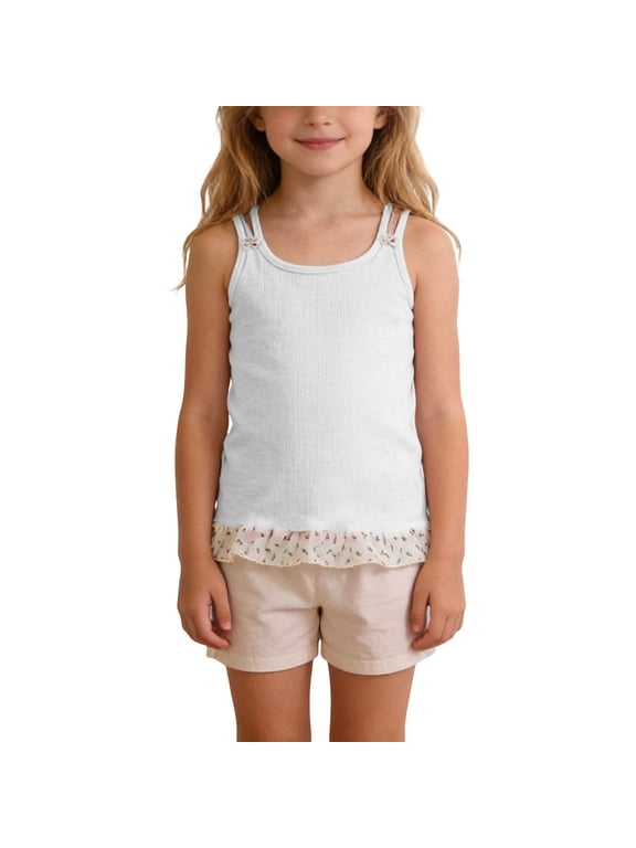 Girls Ribbed Camisole with Double Strap, Lace Patchwork Sleeveless Singlet Shirts, Comfy Versatile Summer Undershirt 3-13 Years