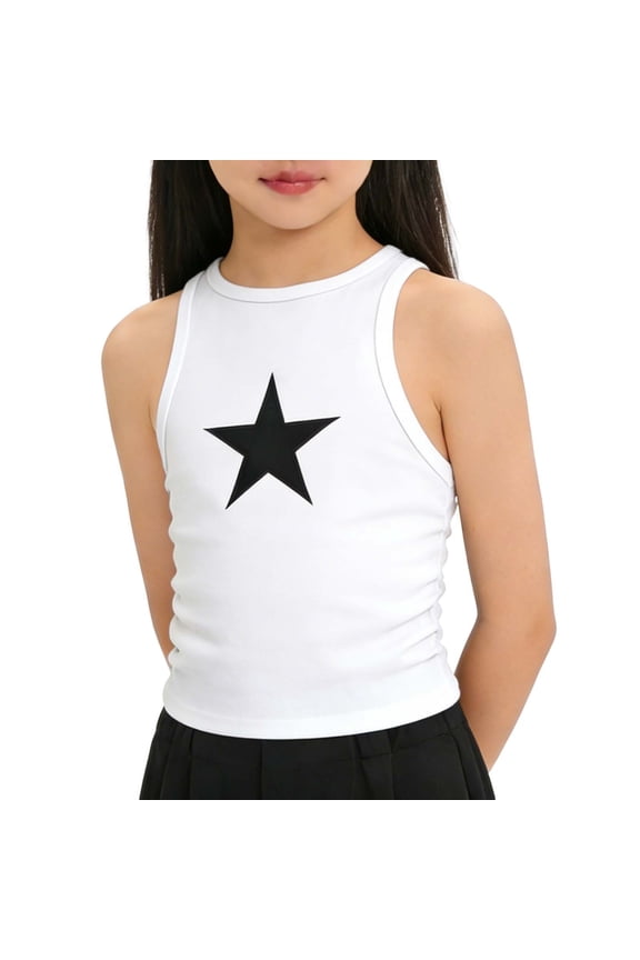 Girls Star Print Tank Tops 2-14y, Casual Round Neck Sleeveless Tee, Summer Ribbed Knit Breathable Athletic Tanks