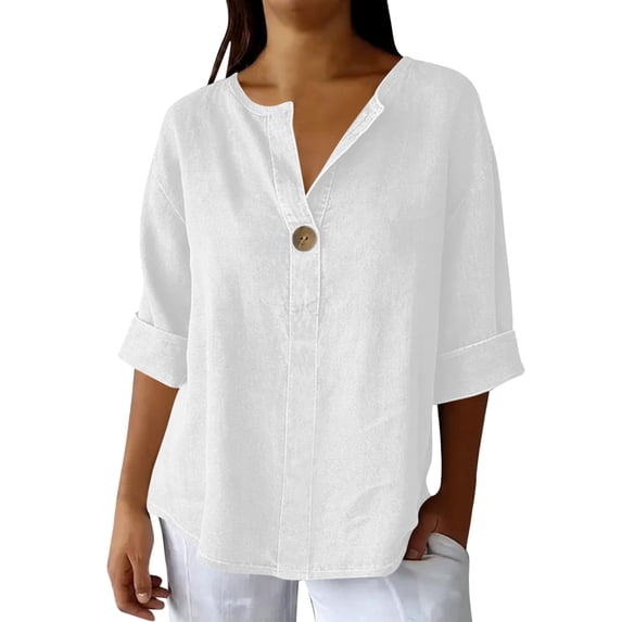 Tsesme Half Sleeve T-Shirt for Women Casual Loose V-Neck Button Pullover Tops Summer Comfy Versatile Tee Daily Wear,White-b,S