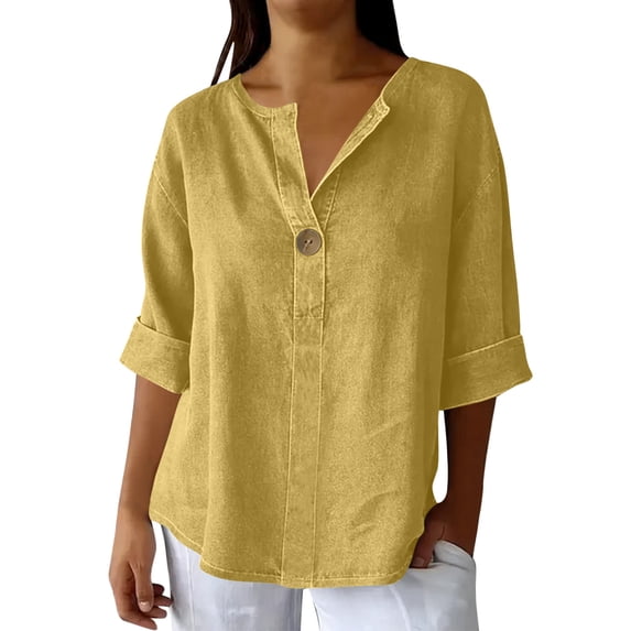Tsesme 3/4 Sleeve Shirts for Women Button down V-Neck Summer Linen T-Shirt Casual Loose Basic Tops 2026