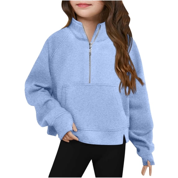 Tsesme Half Zip Sweatshirt for Girl Loose Stand Neck Long Sleeve Tops with Pockets Split Hem Fall Winter Casual Pullover Outerwear 10-11 Years