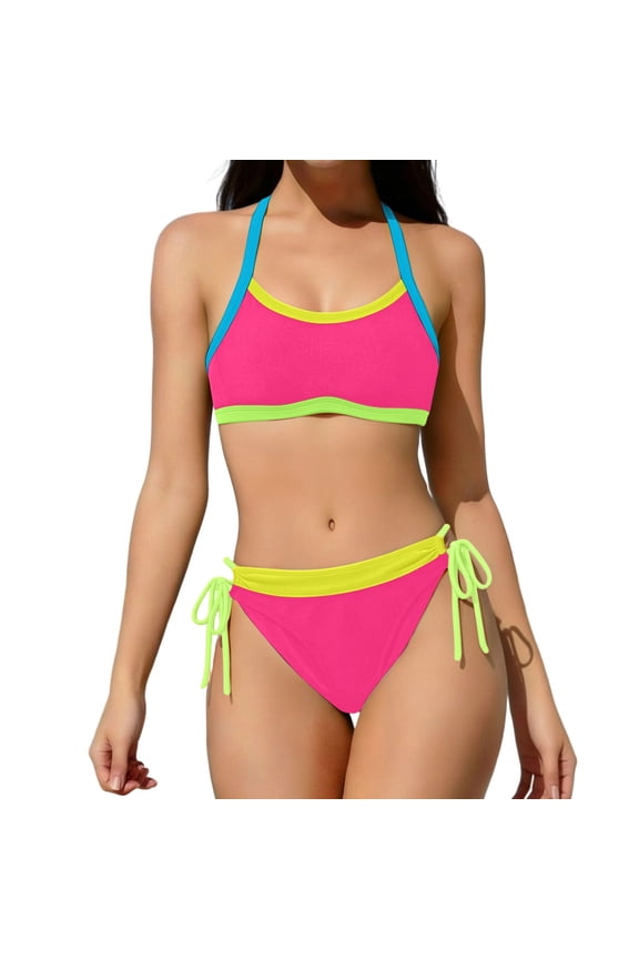Halter Bikini Sets for Women Fashion Color Black Two Piece Swimsuit High Cut Drawstring Beach Suit Swimwear ,Pinks,L