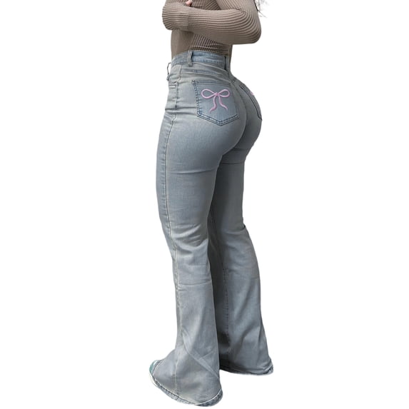 Tsesme High Waisted Flared Jeans for Women Slim Fits Elastic Denim Pants Casual Versatile Pants with Bow Embroidery Pockets,S