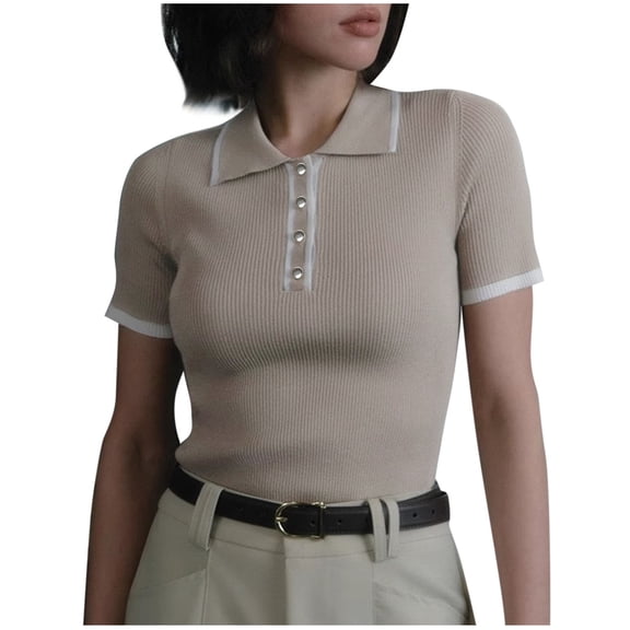Tsesme Knit Short Sleeve Shirt for Women Lapel Collar Button Tops Fashion Breathable Casual Blouses